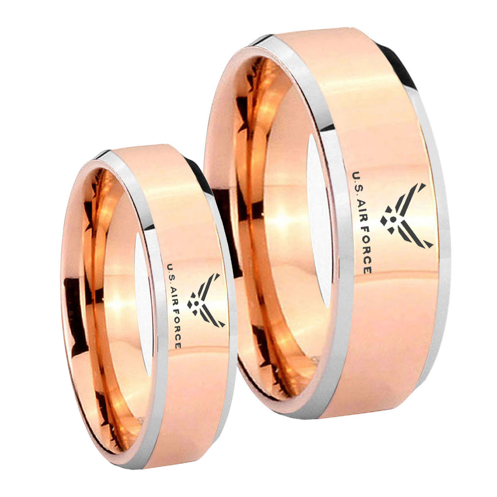 Rose Gold Beveled US Air Force 2 Tone Tungsten Wedding Set Rings