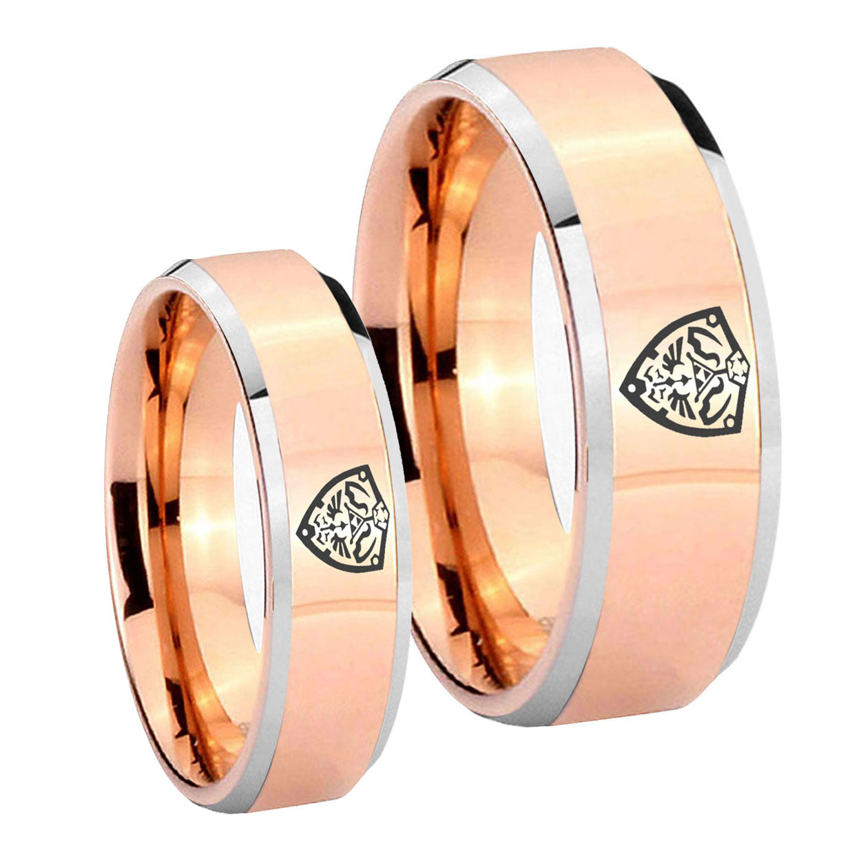 Zelda Hylian Shield Beveled Edges Rose Gold Tungsten Bridal Set Ring