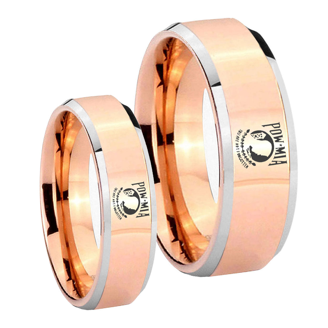 Military Pow Beveled Edges Rose Gold Tungsten Bridal Set Rings