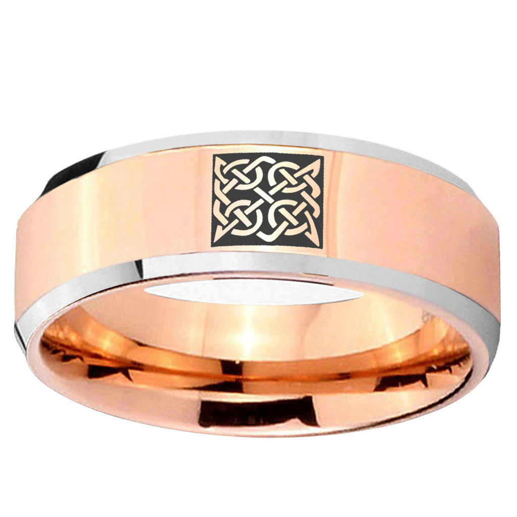10mm Celtic Design Beveled Edge Rose Gold Tungsten Ring