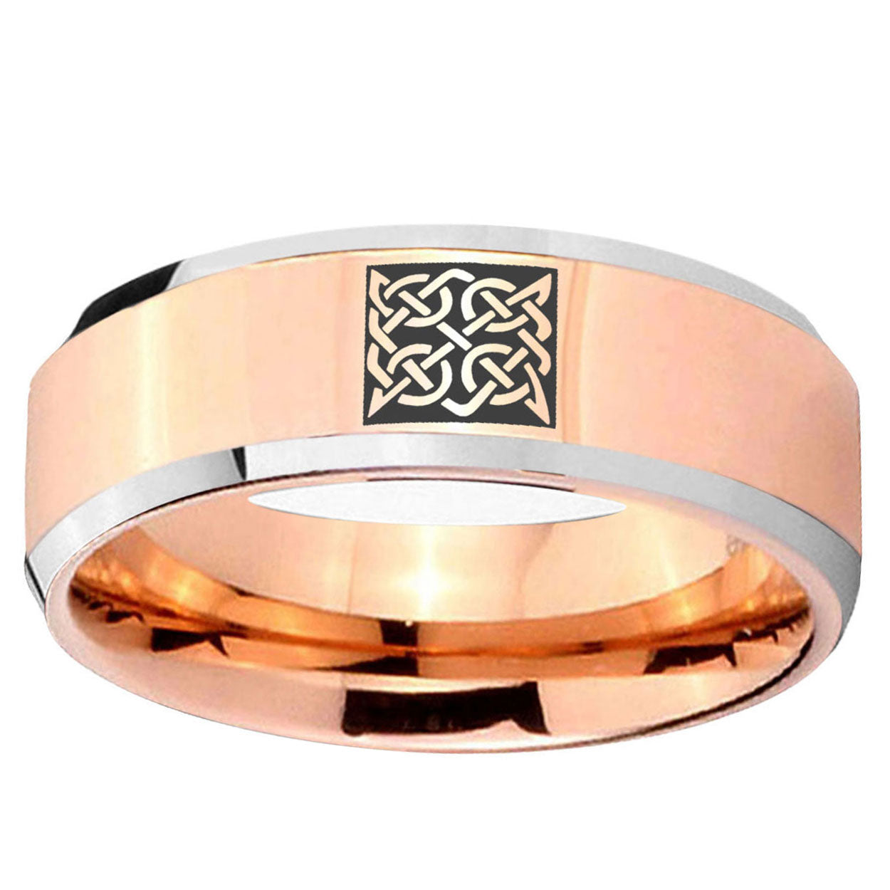 10mm Celtic Design Beveled Edge Rose Gold Tungsten Ring