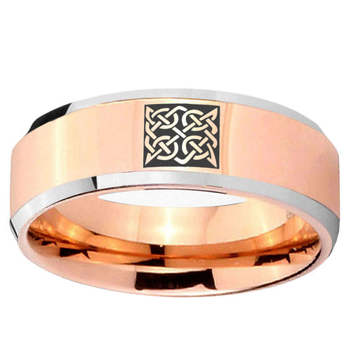 10mm Celtic Design Beveled Edge Rose Gold Tungsten Ring