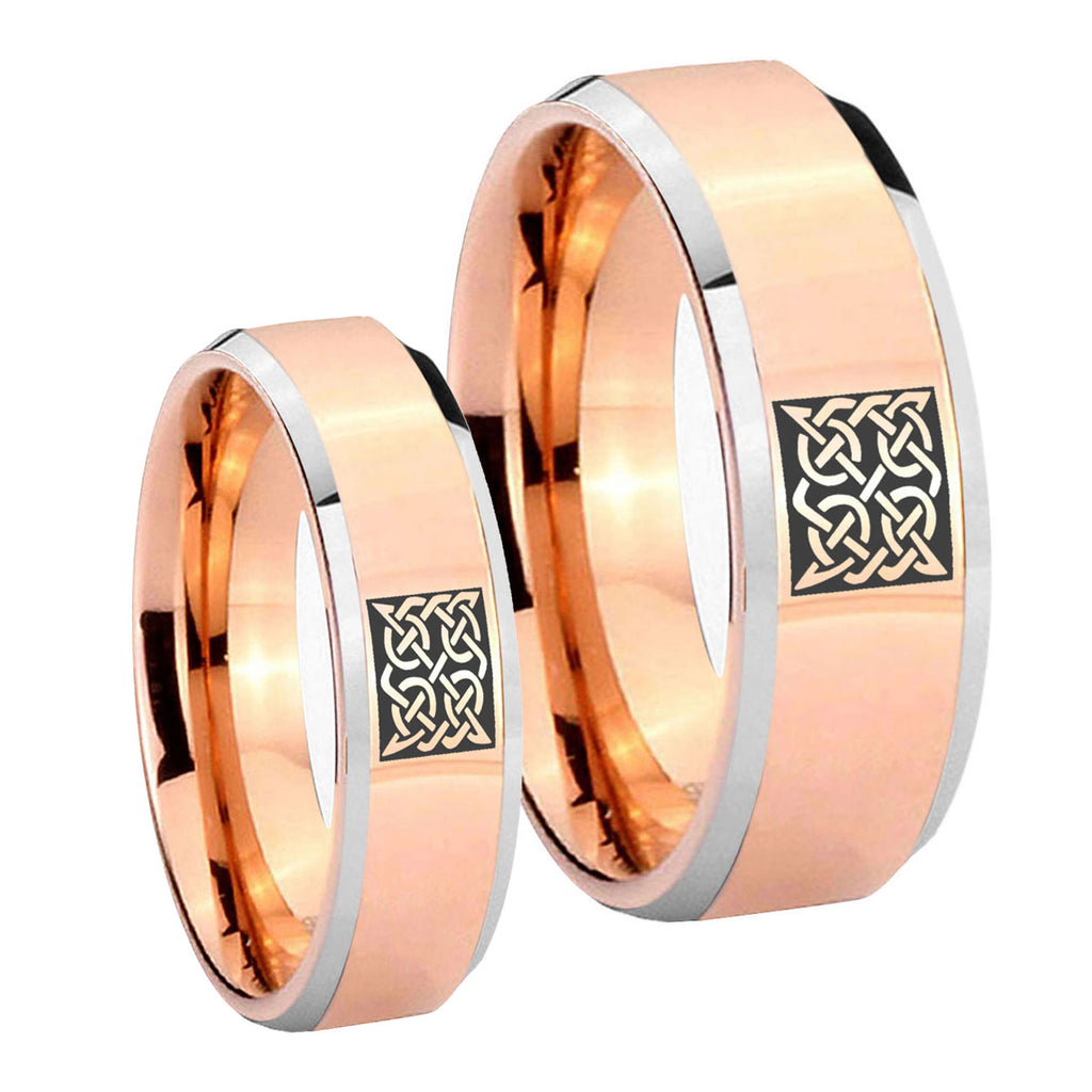 Celtic Design Beveled Edges Rose Gold Tungsten Bridal Set Ring