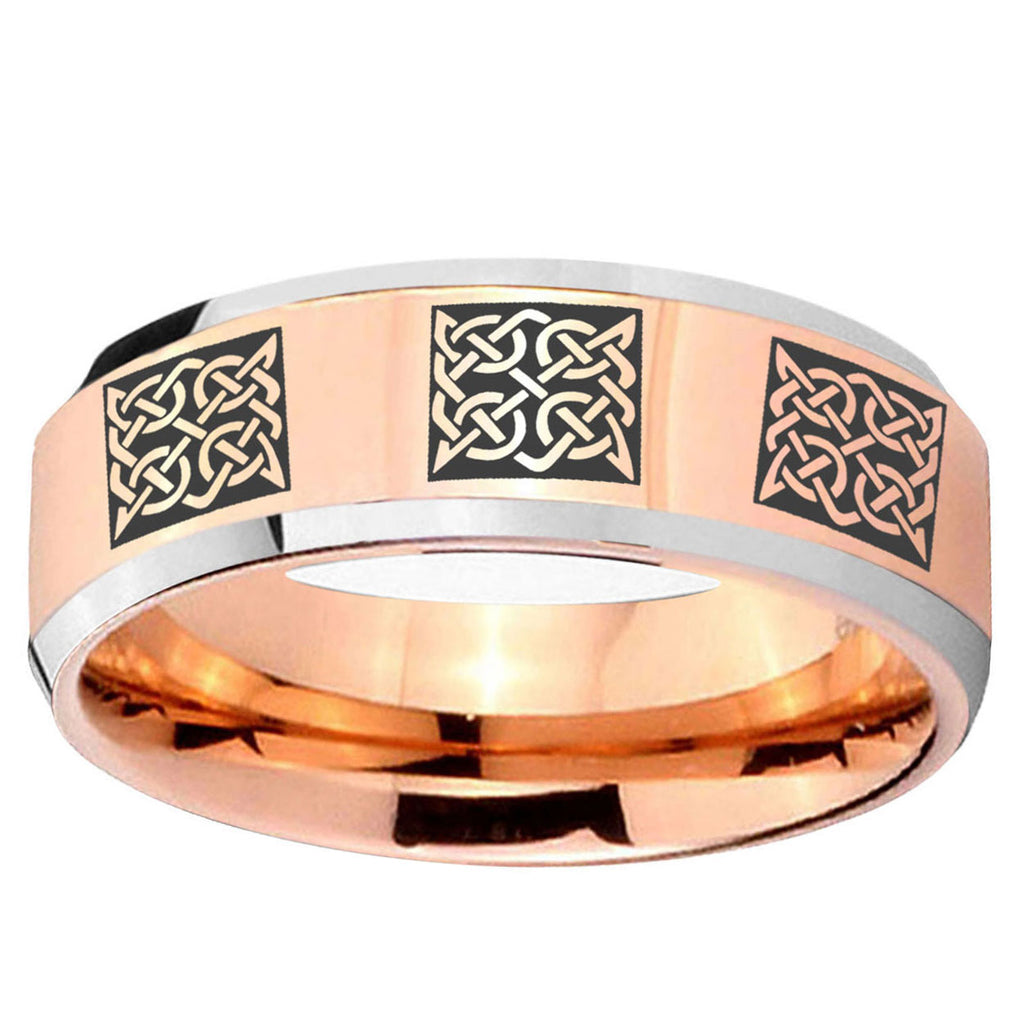 10mm Multiple Celtic Beveled Edge Rose Gold Tungsten Men's Promise Rings