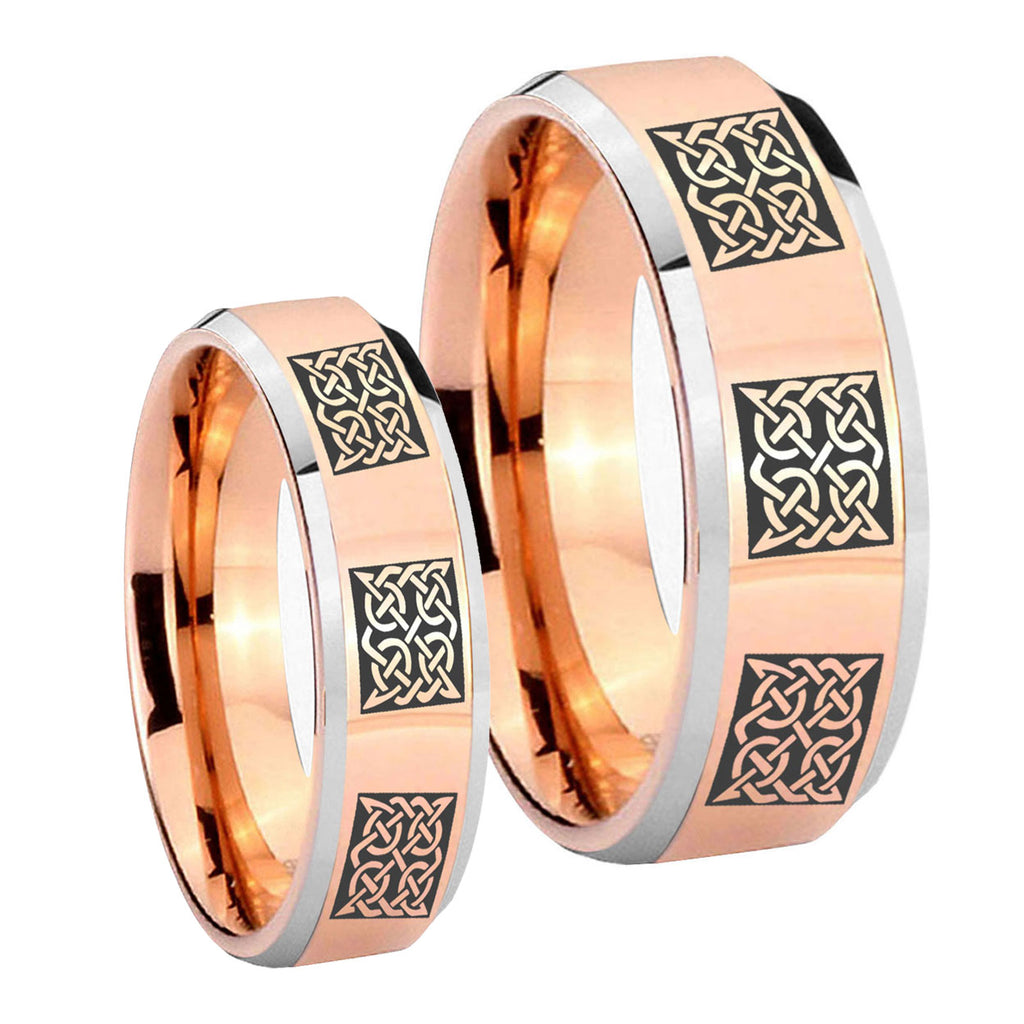 Multiple Celtic Beveled Edges Rose Gold Tungsten Couple Band Set