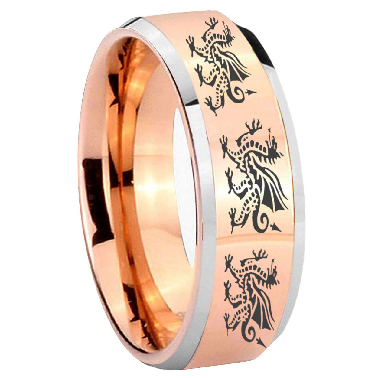 8MM Multiple Dragon Beveled Rose Gold Tungsten Mens Promise Ring