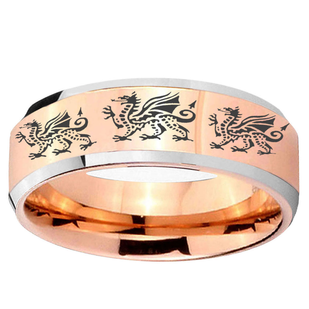 5MM Multiple Dragon Beveled Rose Gold Tungsten Mens Promise Ring