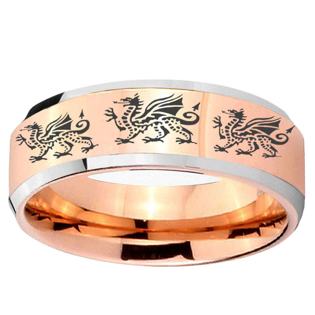 5MM Multiple Dragon Beveled Rose Gold Tungsten Mens Promise Ring