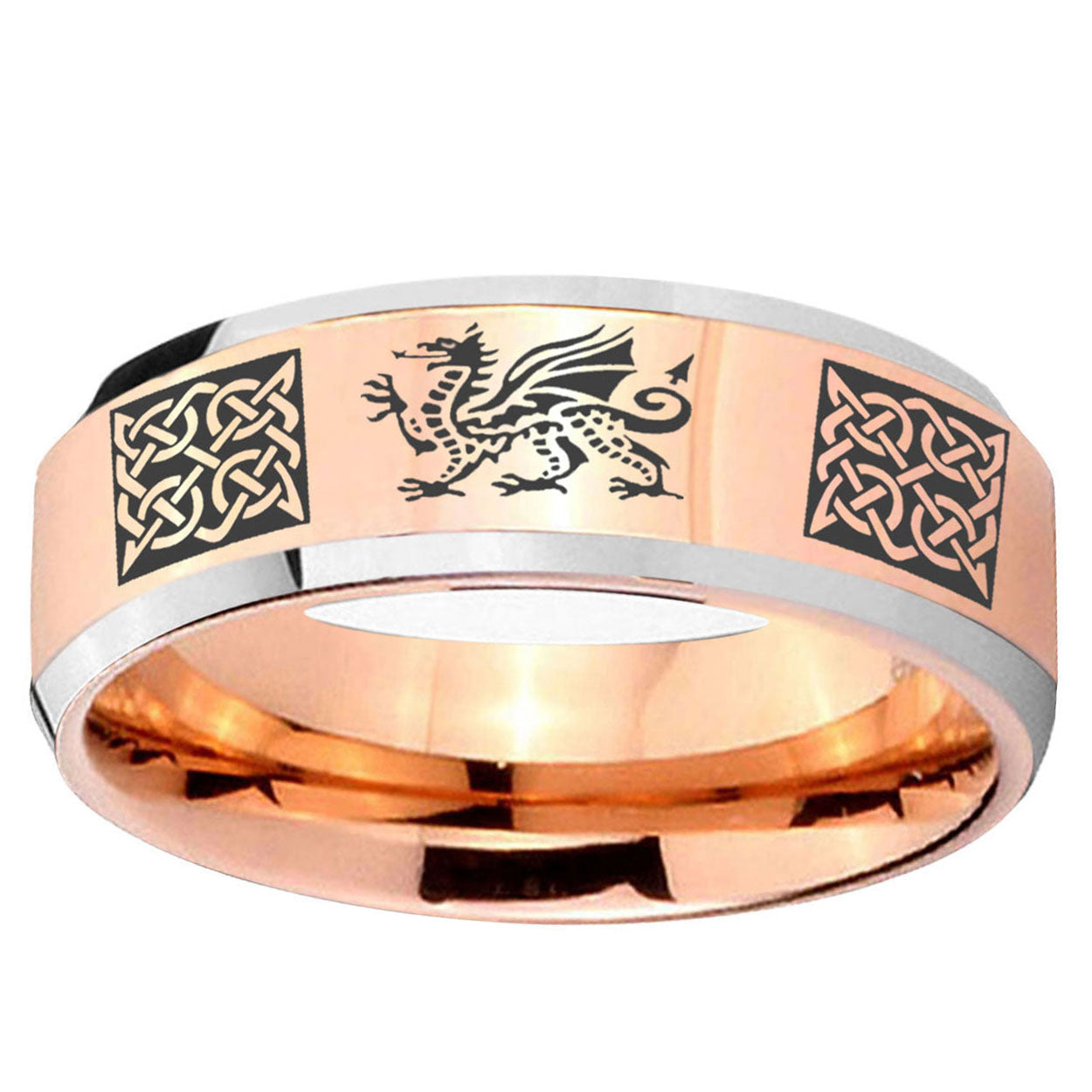 10mm Multiple Dragon Celtic Beveled Edge Rose Gold Tungsten Ring