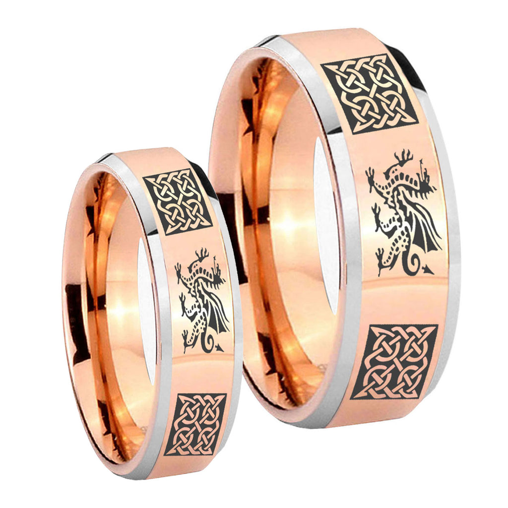 Multiple Dragon Celtic Beveled Rose Gold Tungsten Bridal Band Set