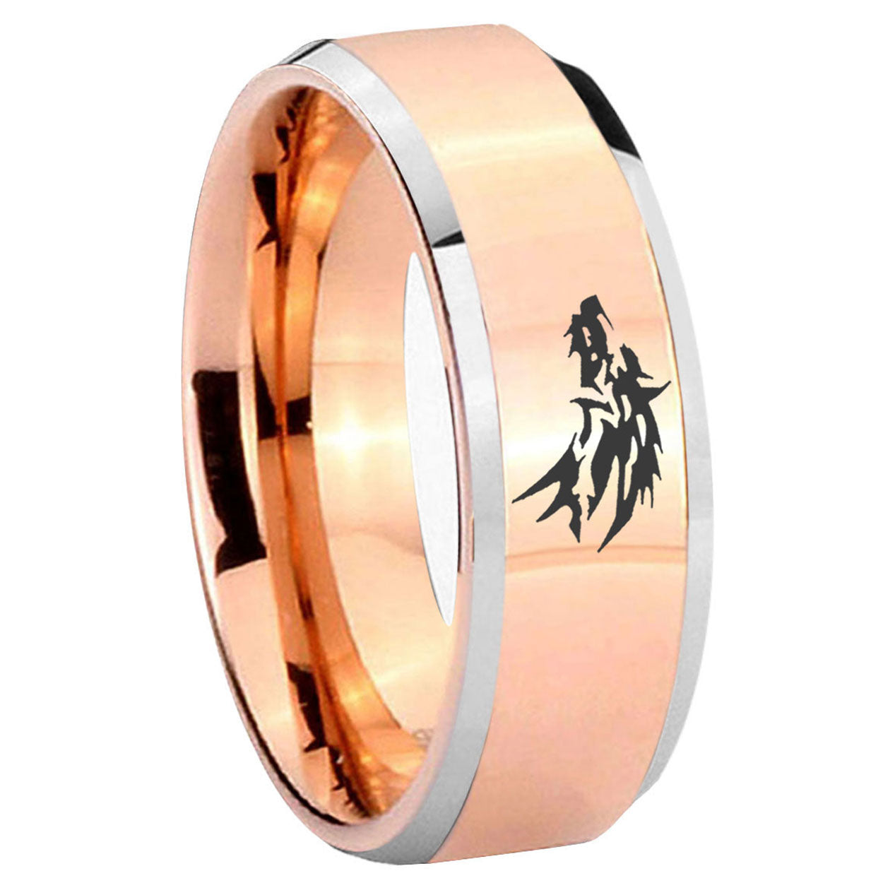 10mm Wolf Beveled Edges Rose Gold Tungsten Carbide Mens Ring Engraved