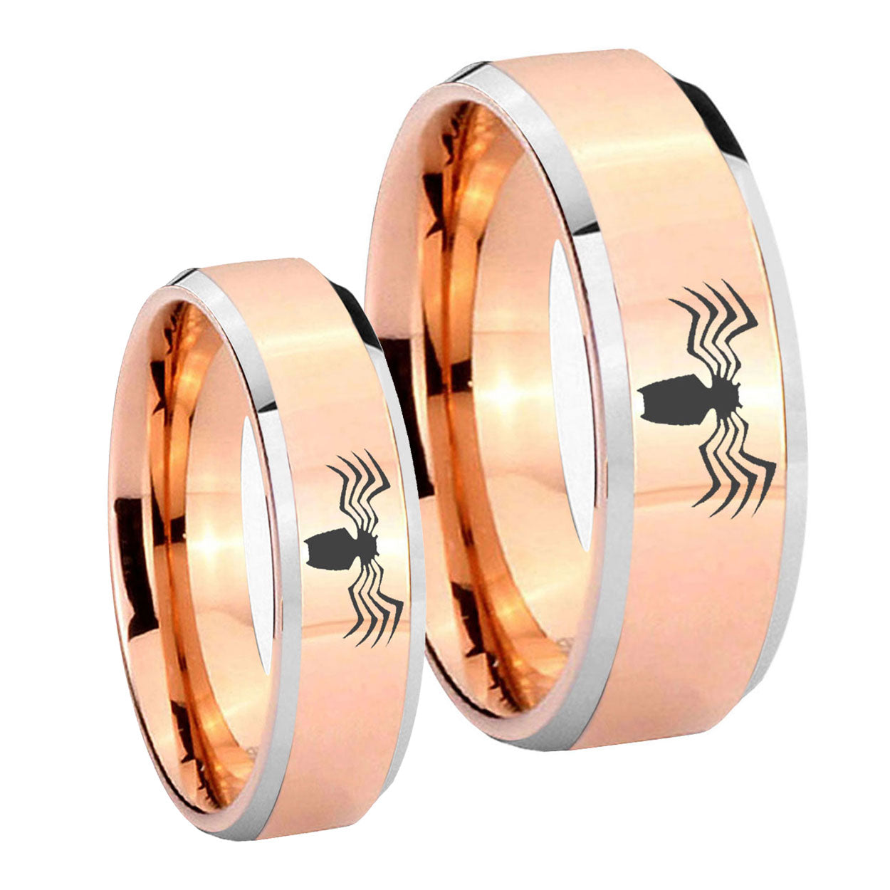 Spider Beveled Edges Rose Gold Tungsten Couple Band Set