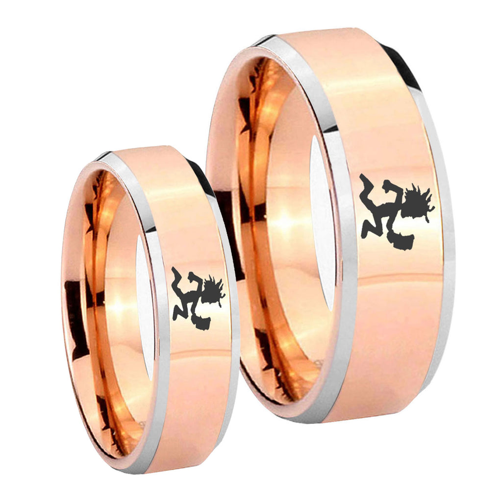 Hatchet Man Beveled Edges Rose Gold Tungsten Bridal Ring Set
