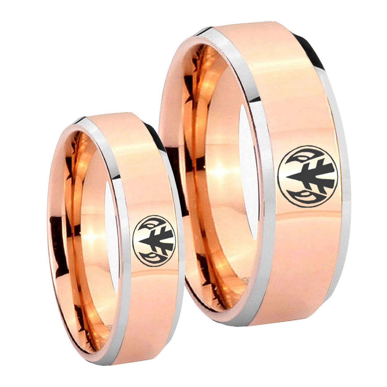 Love Power Rangers Beveled Edges Rose Gold Tungsten Mens Set Rings