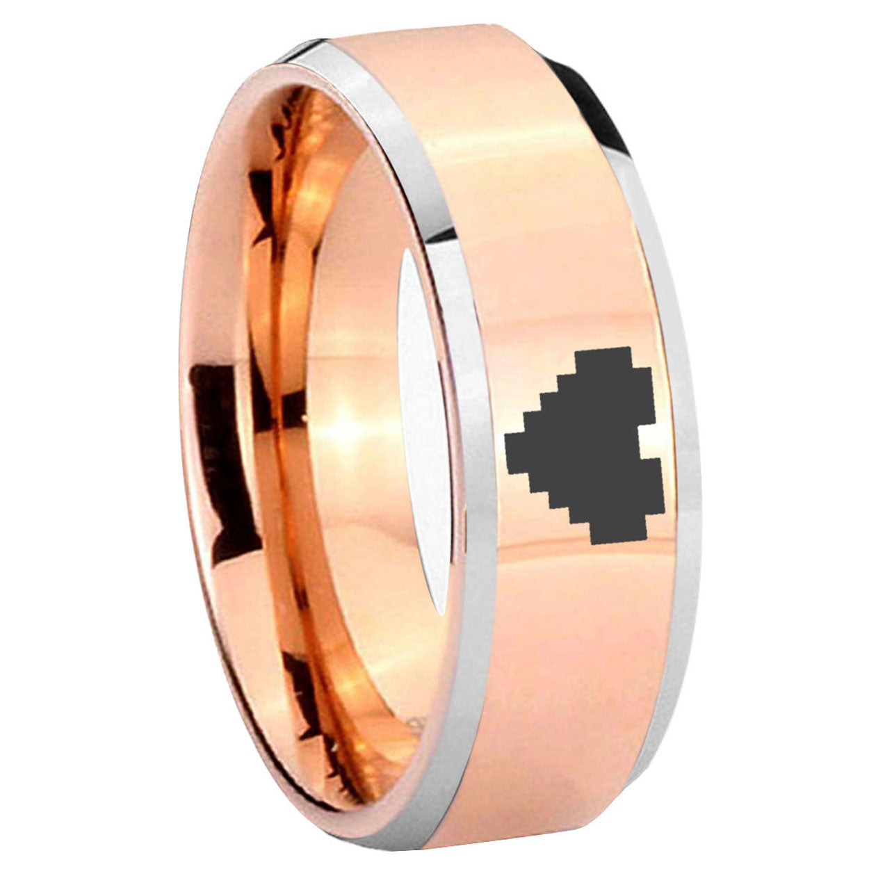 8MM Zelda Heart Beveled Rose Gold Tungsten Mens Wedding Ring