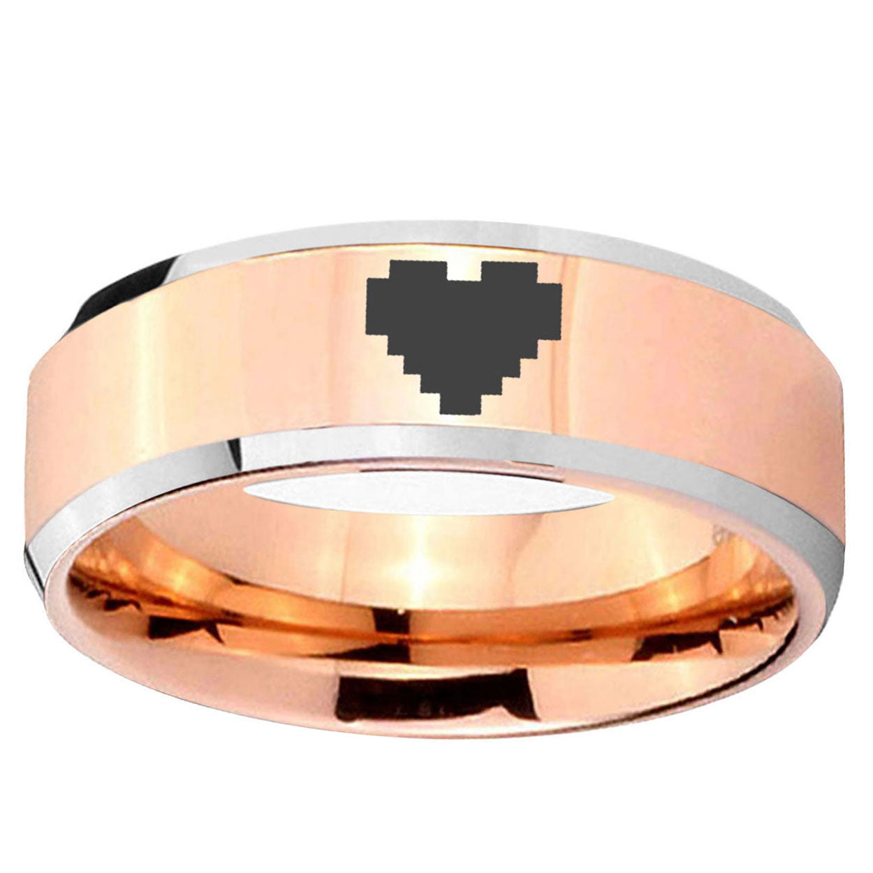 10mm Beveled Zelda Heart Rose Gold IP 2 Tone Tungsten Ring