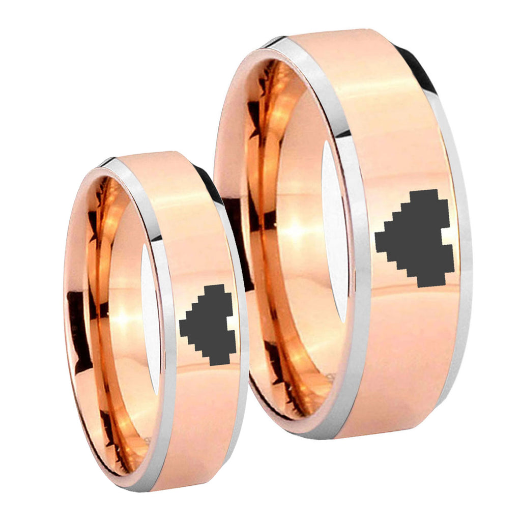 Rose Gold Beveled Zelda Heart 2 Tone Tungsten Wedding Band Set