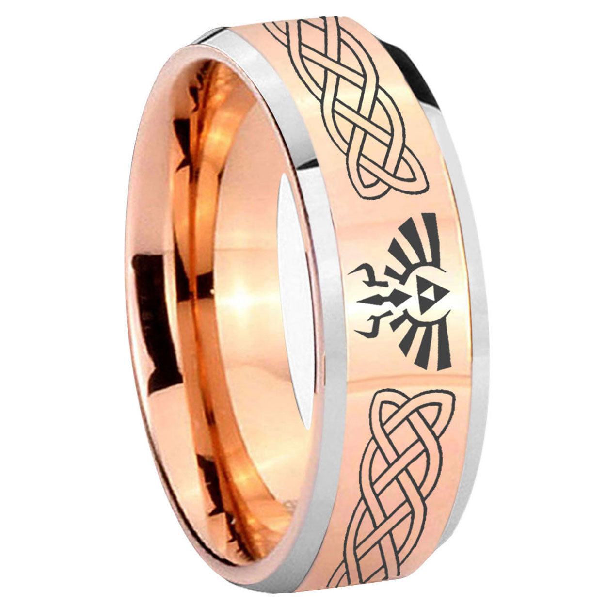 10mm Celtic Zelda Beveled Edges Rose Gold Tungsten Carbide Mens Wedding Band