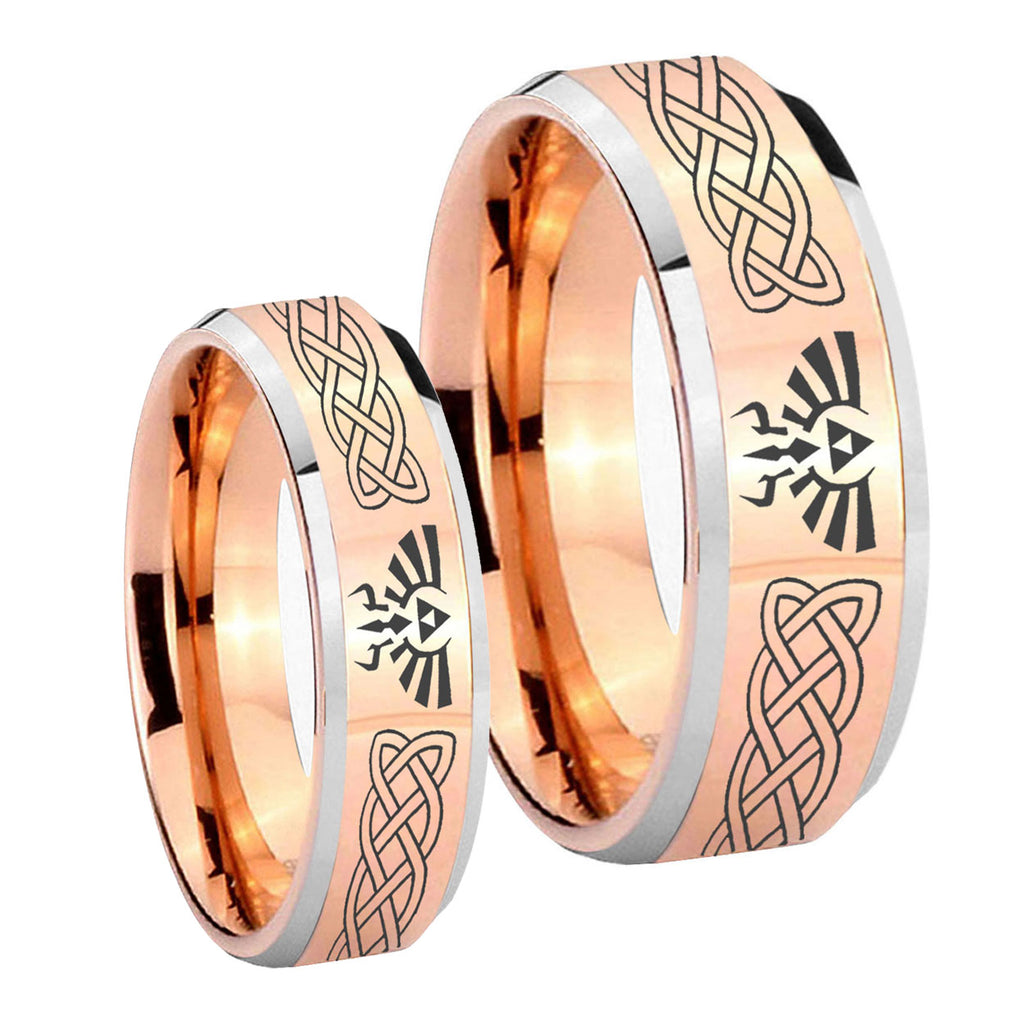 Celtic Zelda Beveled Edges Rose Gold Tungsten Promise Ring Set