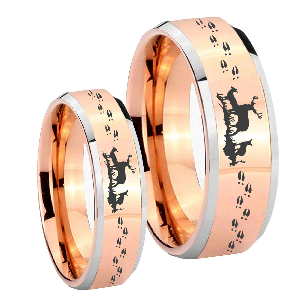 Deer Hunting Beveled Edges Rose Gold Tungsten Matching Ring Set