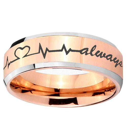 10mm Heart Beat forever Heart always Beveled Rose Gold Tungsten Rings for Men
