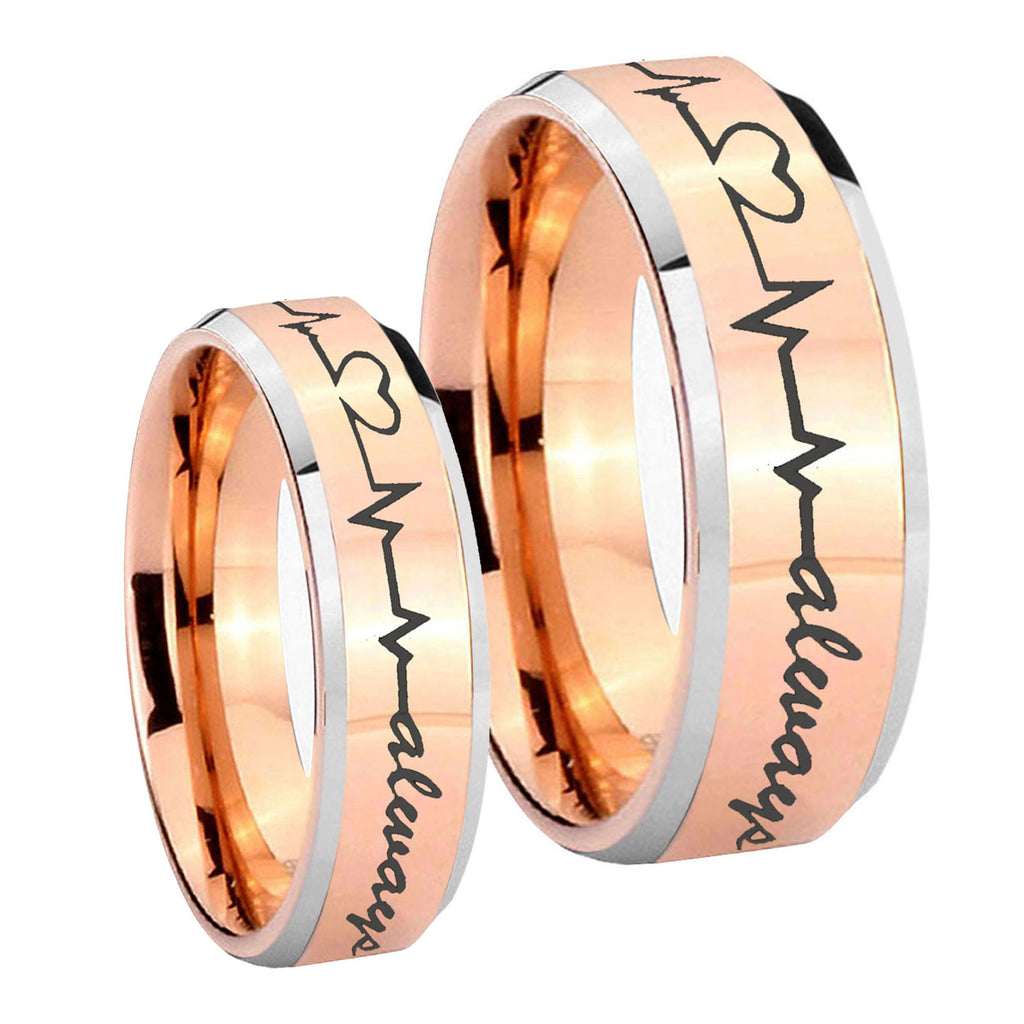 Heart Beat forever Heart always Beveled Rose Gold Tungsten Bridal Ring Set