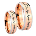 Heart Beat forever Heart always Beveled Rose Gold Tungsten Bridal Ring Set