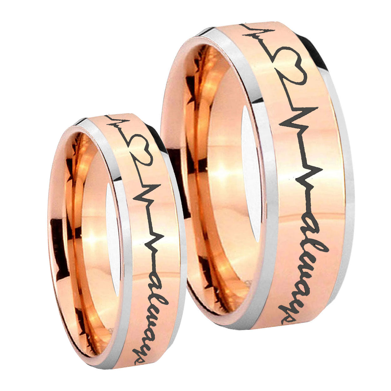 Heart Beat forever Heart always Beveled Rose Gold Tungsten Bridal Ring Set