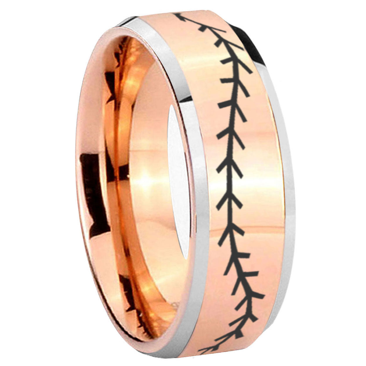 10mm Baseball Stitch Beveled Edges Rose Gold Tungsten Carbide Personalized Ring