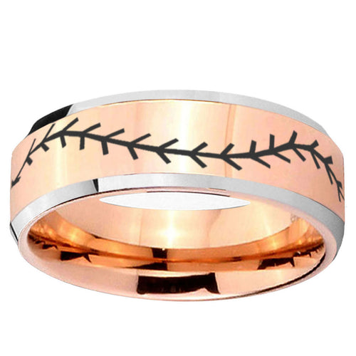 10mm Baseball Stitch Beveled Edge Rose Gold Tungsten Ring
