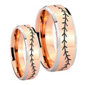 Baseball Stitch Beveled Edges Rose Gold Tungsten Promise Ring Set
