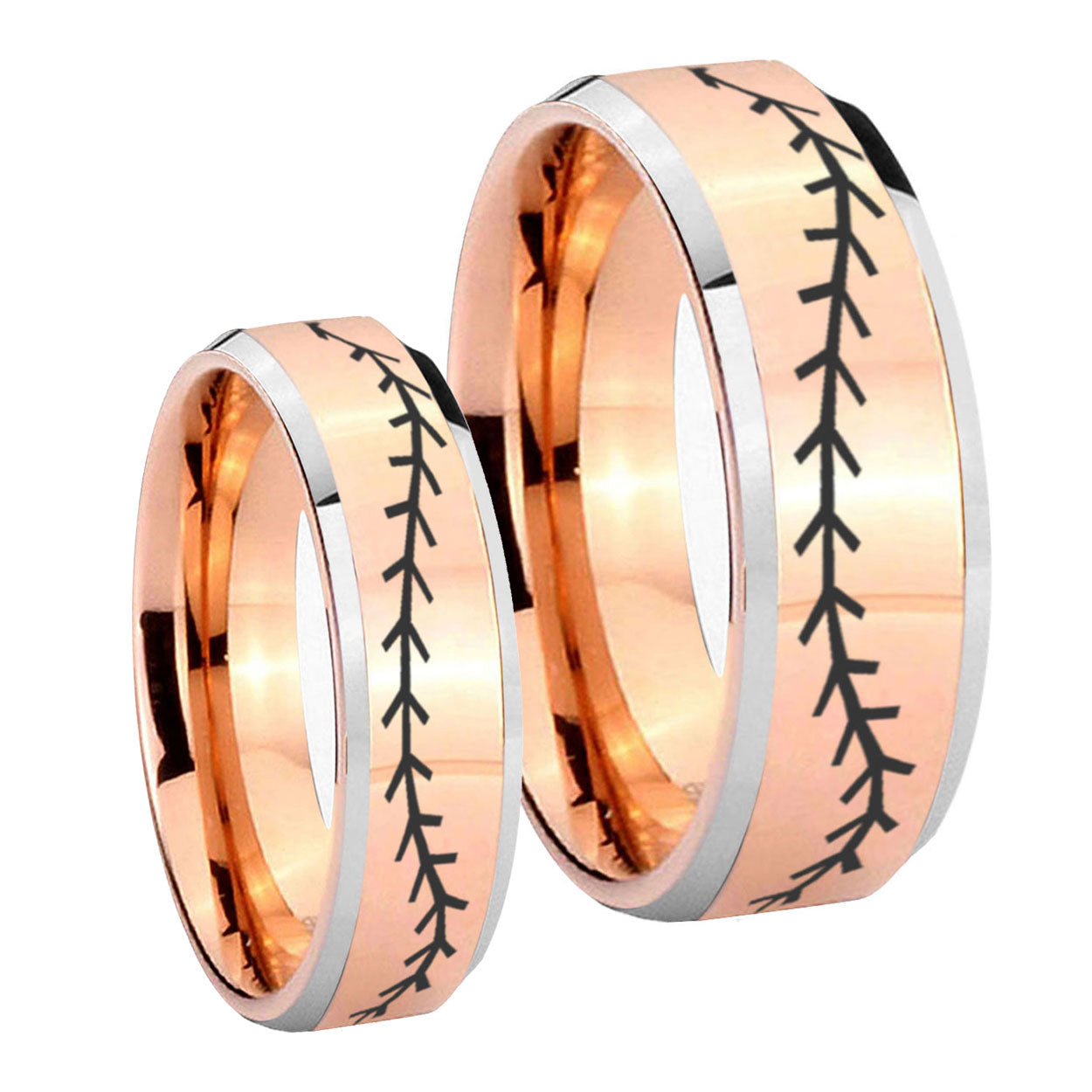 Baseball Stitch Beveled Edges Rose Gold Tungsten Promise Ring Set