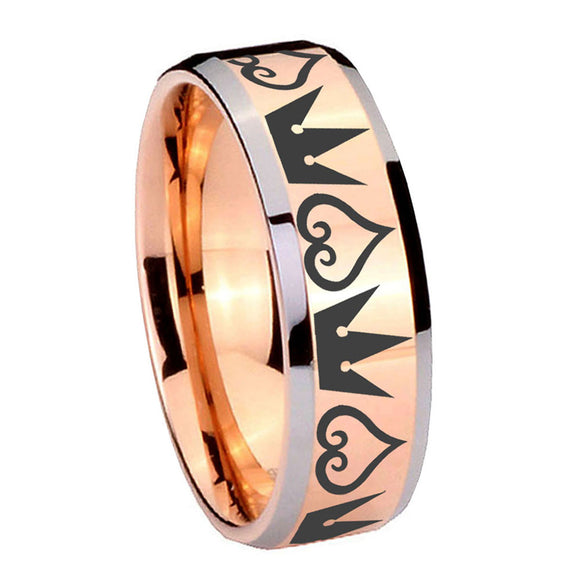 8mm-Hearts-and-Crowns-Beveled-Edges-Rose-Gold-Tungsten-Mens-Ring-Personalized