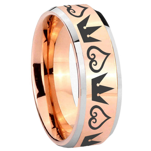 10mm Hearts and Crowns Beveled Edges Rose Gold Tungsten Carbide Promise Ring