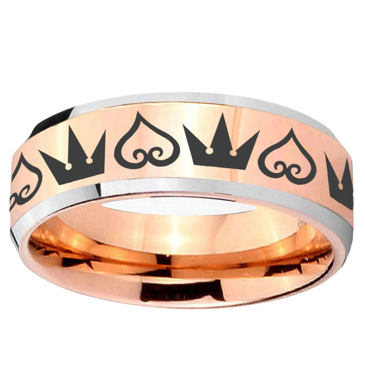 10mm Hearts and Crowns Beveled Edge Rose Gold Tungsten Carbide Promise Ring