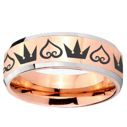 10mm Hearts and Crowns Beveled Edge Rose Gold Tungsten Carbide Promise Ring