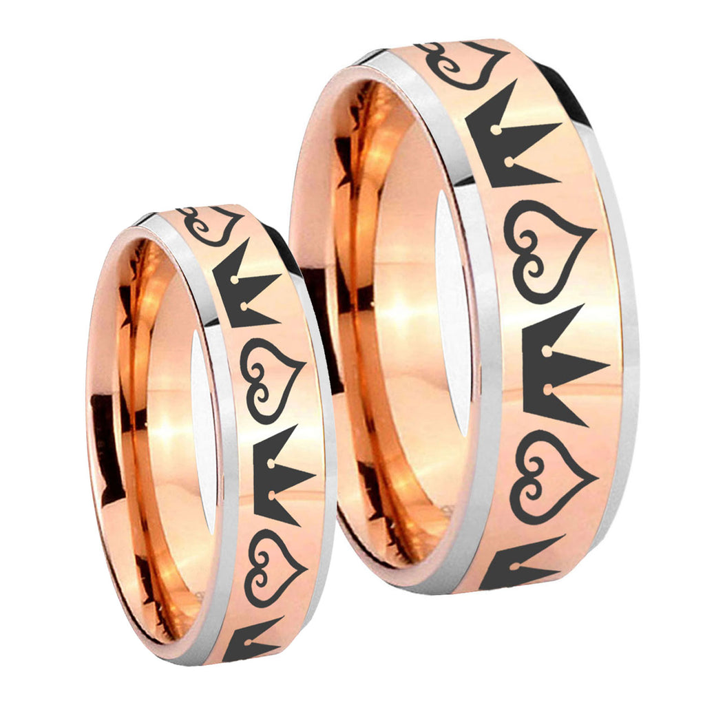 Hearts and Crowns Beveled Edges Rose Gold Tungsten Bridal Set Ring