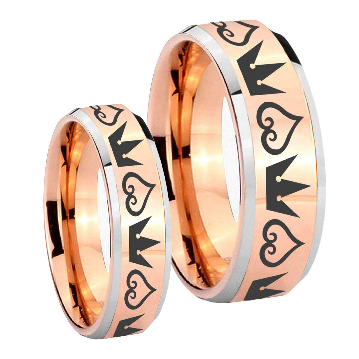 Hearts and Crowns Beveled Edges Rose Gold Tungsten Bridal Set Ring