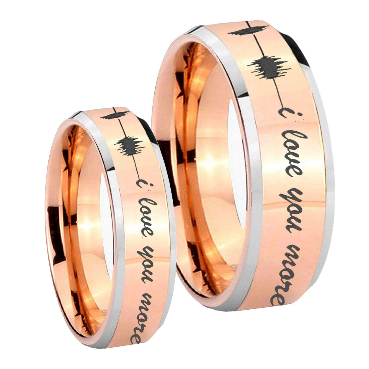 Sound Wave, I love you more Beveled Rose Gold Tungsten Bridal Set Rings