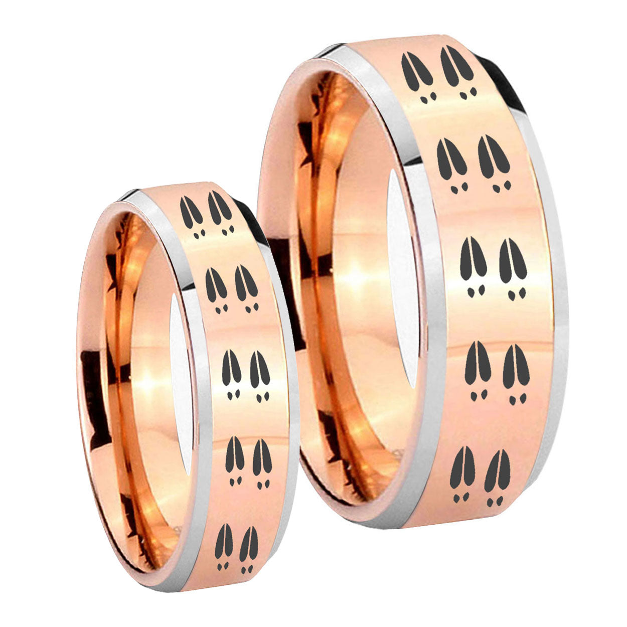 Deer Tracks Beveled Edges Rose Gold Tungsten Bridal Set Rings