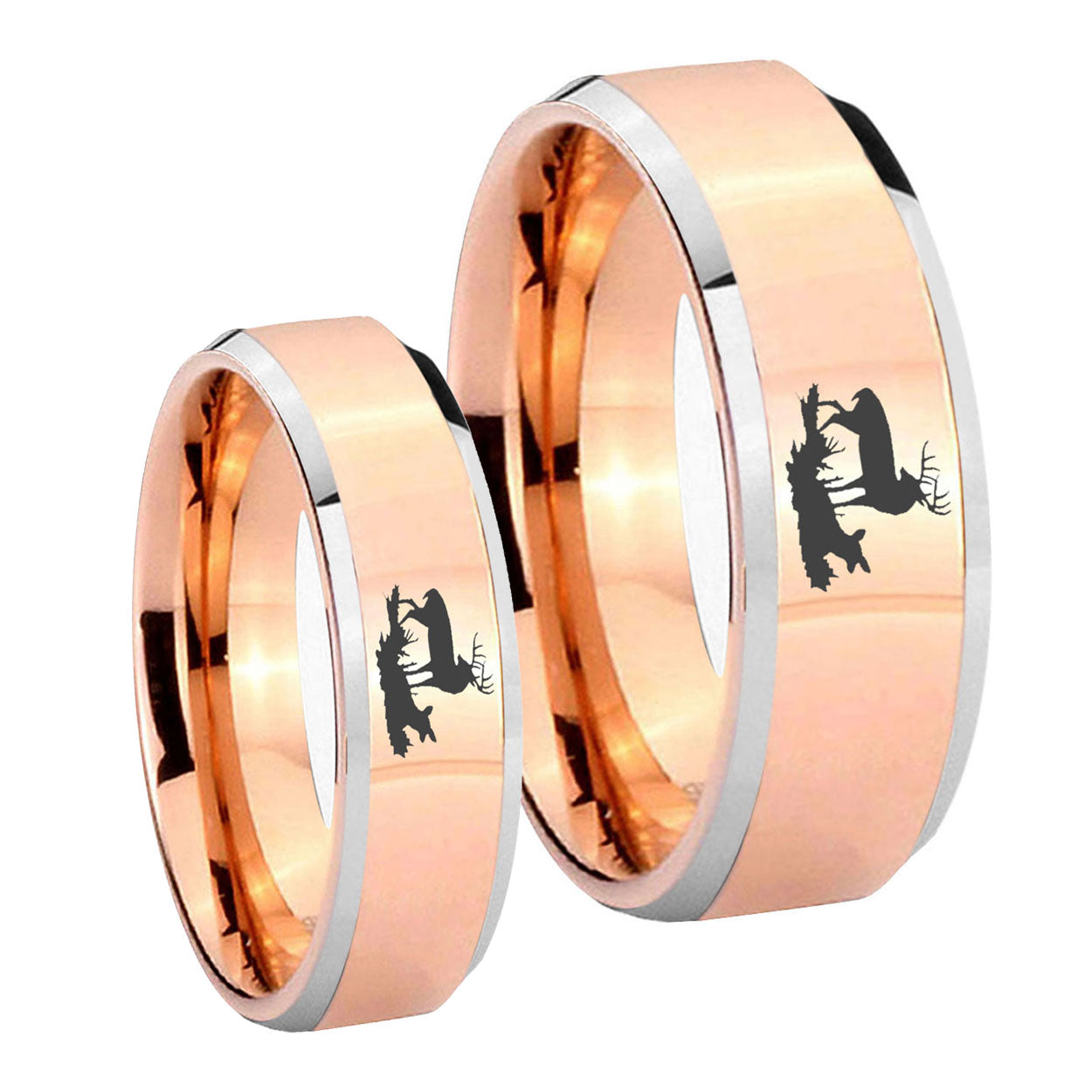 Deer Hunting Beveled Edges Rose Gold Tungsten Promise Ring Set
