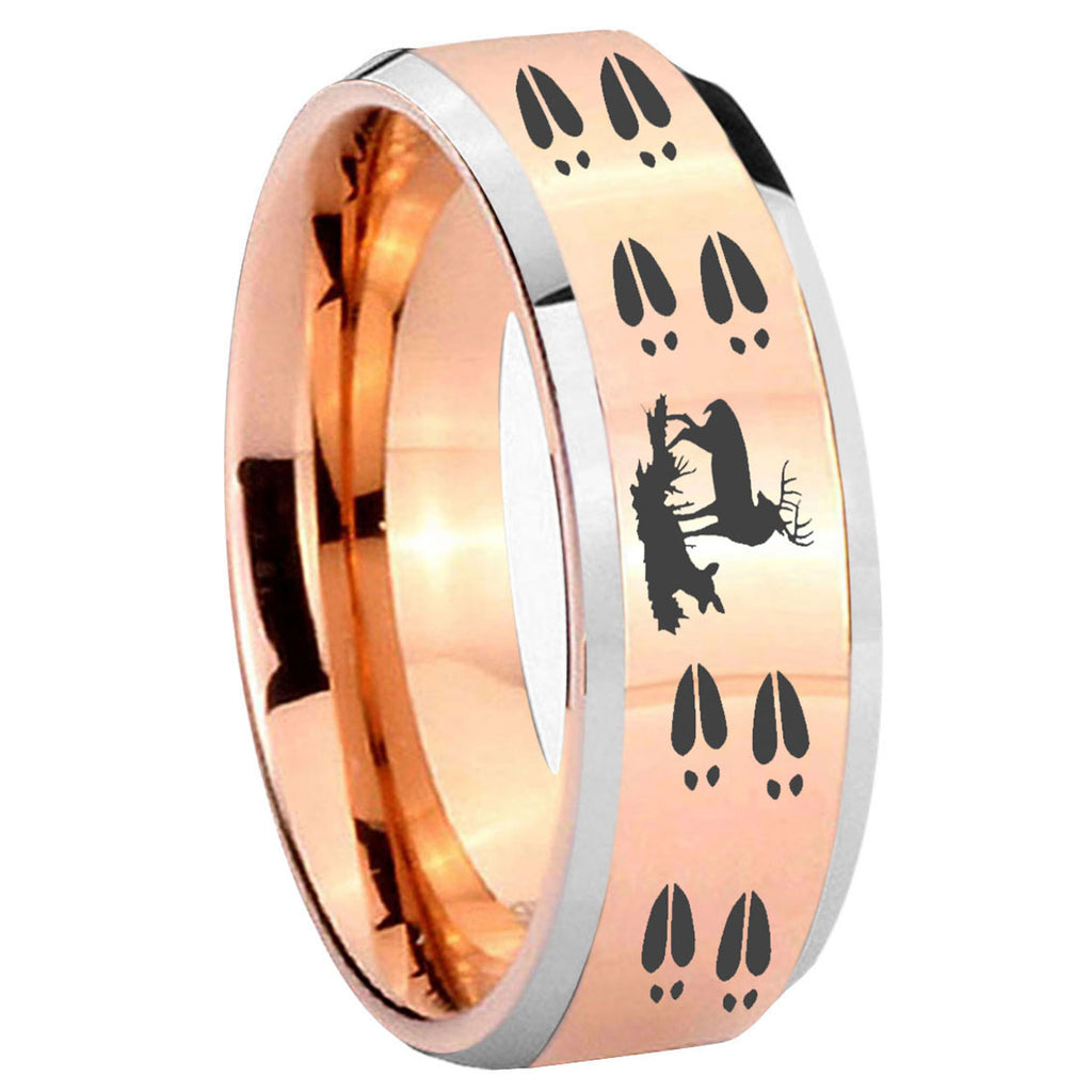 10mm Deer Hunting Tracks Beveled Rose Gold Tungsten Wedding Engagement Ring