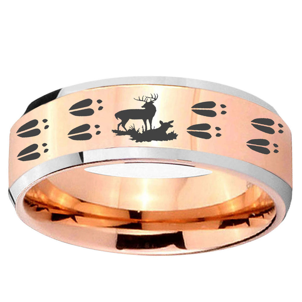 10mm Deer Hunting Tracks Beveled Rose Gold Tungsten Ring