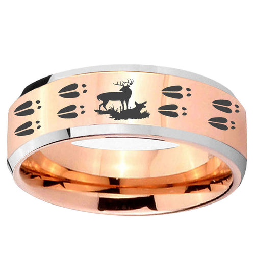 10mm Deer Hunting Tracks Beveled Rose Gold Tungsten Ring
