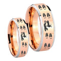 Deer Hunting Tracks Beveled Edges Rose Gold Tungsten Bridal Ring Set