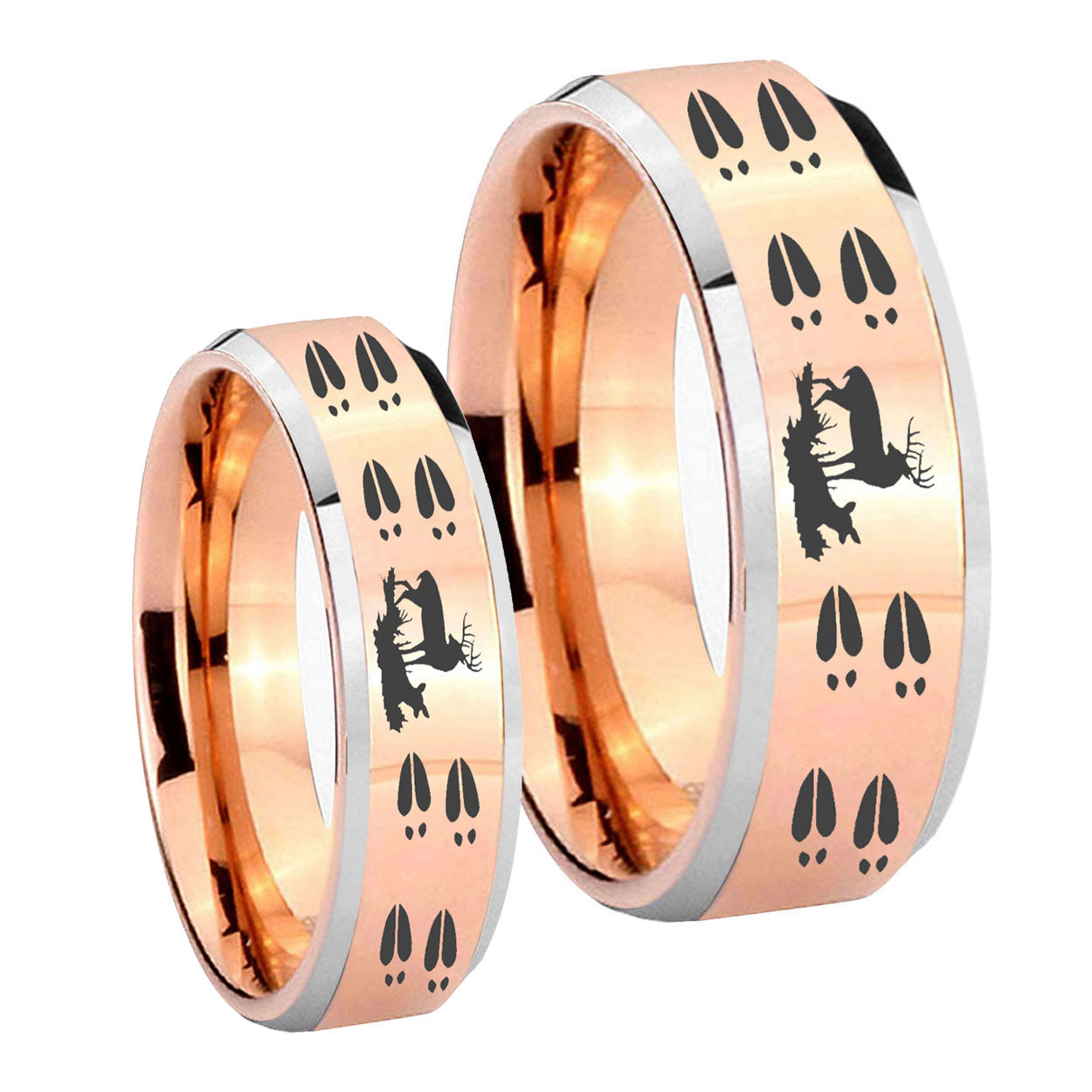 Deer Hunting Tracks Beveled Edges Rose Gold Tungsten Bridal Ring Set