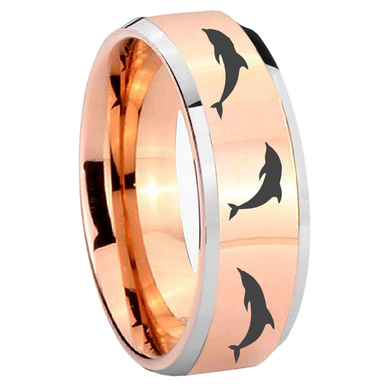 10mm Dolphins Beveled Edges Rose Gold Tungsten Carbide Wedding Engraving Ring
