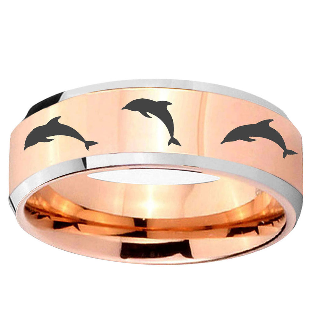 10mm Dolphins Beveled Edge Rose GoldTungsten Ring
