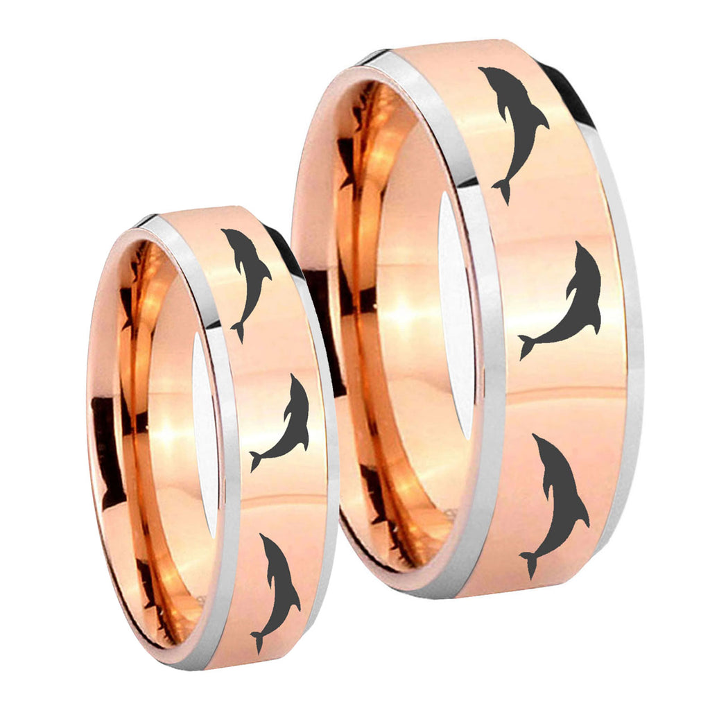 Dolphins Beveled Edges Rose Gold Tungsten Couples Ring Set