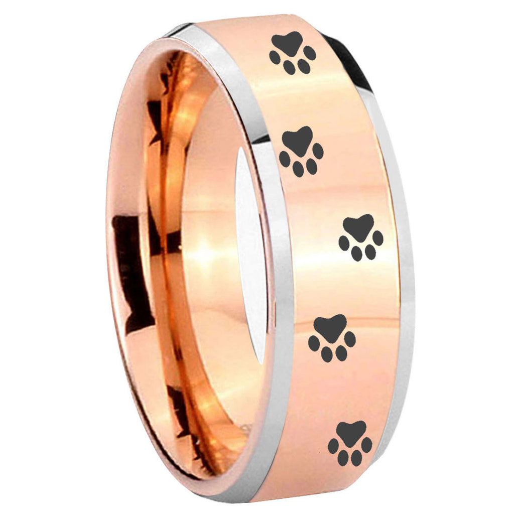 10mm Paw Print Beveled Edges Rose Gold Tungsten Carbide Anniversary Ring